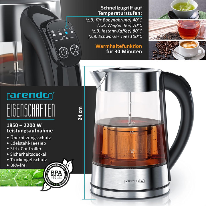Arendo - Wasserkocher mit Toaster SET, Edelstahl Glas Wasserkocher mit Teesieb und wählbaren Tempera
