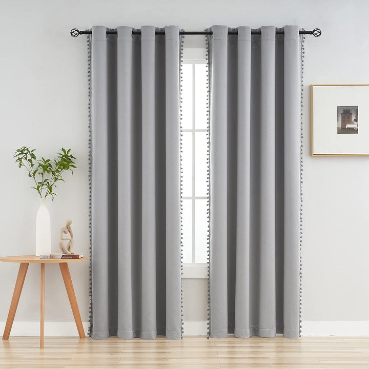 Treatmentex Blickdicht Vorhang mit Pompons Grau Vorhang mit Ösen Landhausstil Wärmeisoliert Thermovo