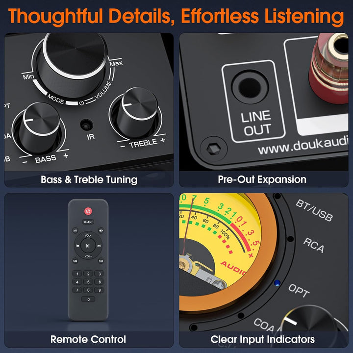 Douk Audio ST-01 PRO HiFi-Verstärker, 200W Mini Röhrenverstärker mit Bluetooth 5.0, VU-Messer, USB D