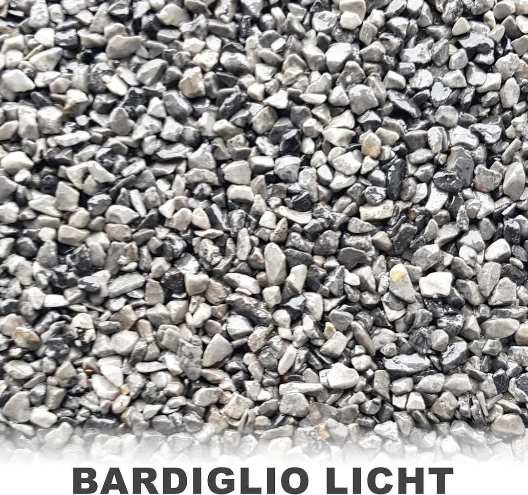 25Kg Steinteppich Set Marmorkies Bodenbeschichtung Bardiglio Licht Grau 1-4mm - 2qm Korngrösse 1-4mm