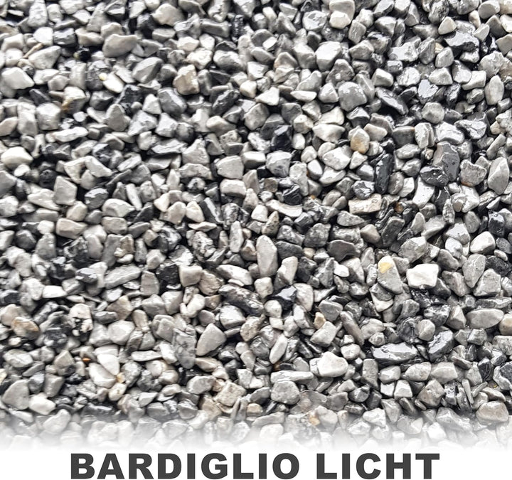 25Kg Steinteppich Set Marmorkies Bodenbeschichtung Bardiglio Licht Grau 1-4mm - 2qm Korngrösse 1-4mm