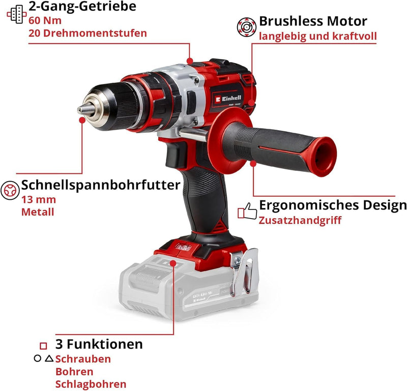 Einhell Akkuschrauber TE-CD 18 Li-i Brushless Solo Power X-Change (Li-Ion, 18 V, 2 Gang, 60 Nm, LED