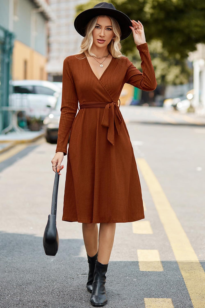 Newshows Strickkleid Damen Herbstkleid V Ausschnitt Pulloverkleid Winterkleid Kleid mit Taschen für