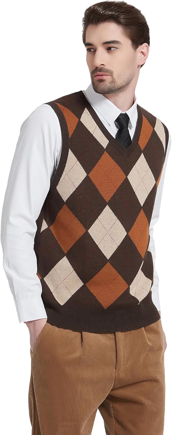 Kallspin Herren Argyle Gestrickt Ärmellos Pullover Wollmischung V-Ausschnitt Strickwesten XXL Braun,