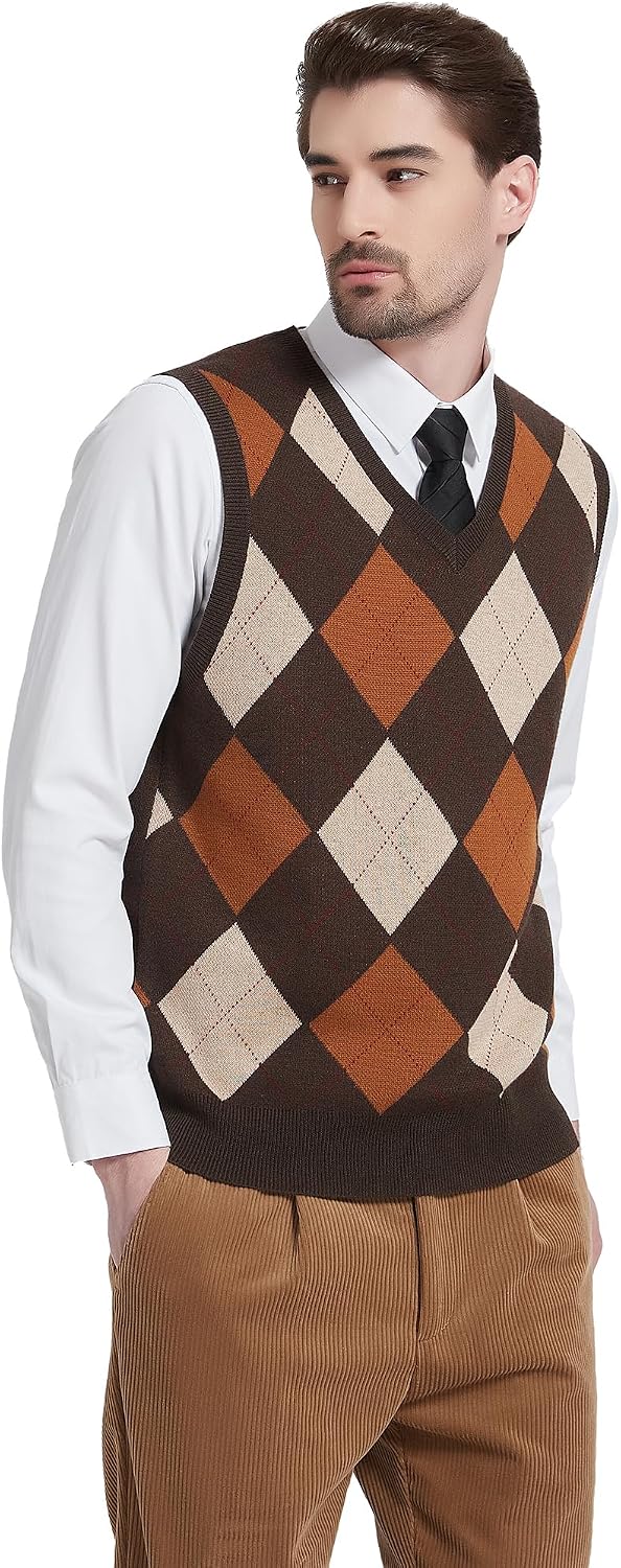Kallspin Herren Argyle Gestrickt Ärmellos Pullover Wollmischung V-Ausschnitt Strickwesten XXL Braun,