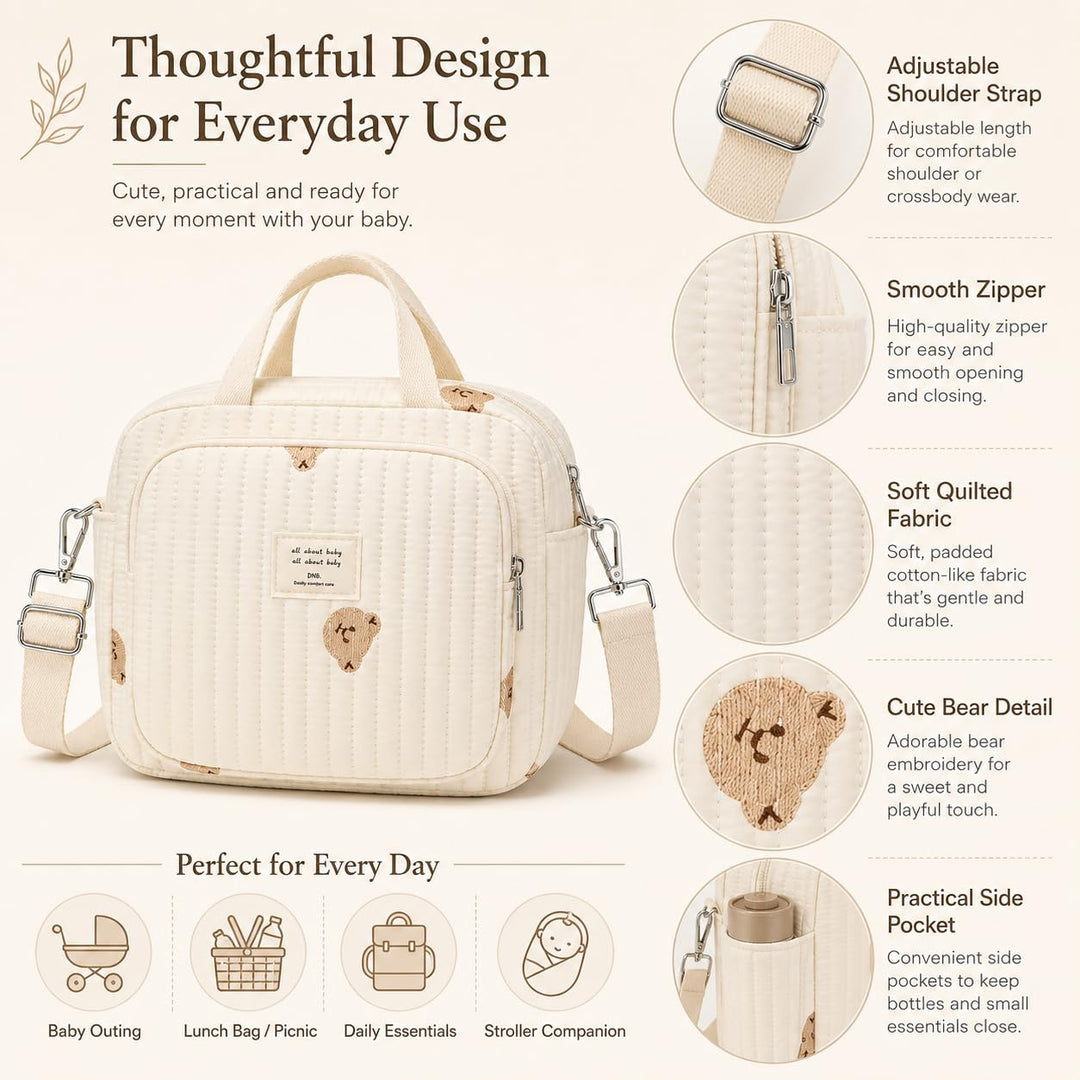 Diaper Bag, Diaper Bag Kleiner Bär, Mommy Bag, Small Quilted Tote with Detachable Adjustable Crossbo