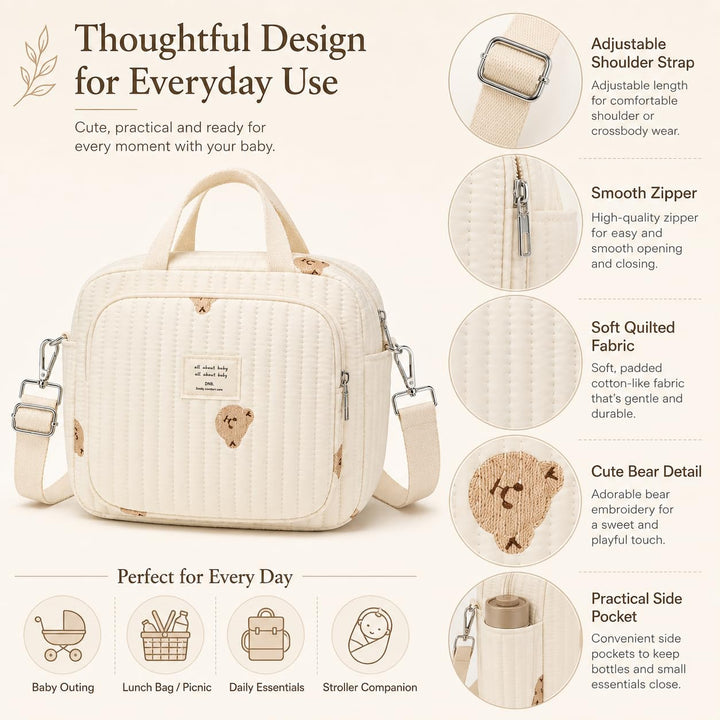 Diaper Bag, Diaper Bag Kleiner Bär, Mommy Bag, Small Quilted Tote with Detachable Adjustable Crossbo