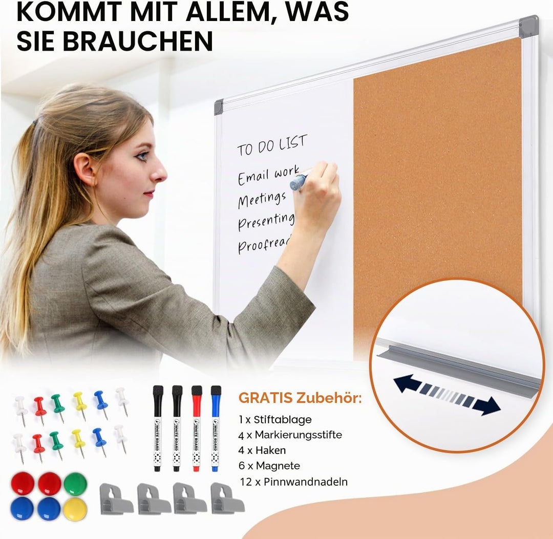 Swansea Whiteboard Magnettafel und Pinnwand Kork Wand Deko mit Aluminiumrahmen für Wohnung, Büro, Kü