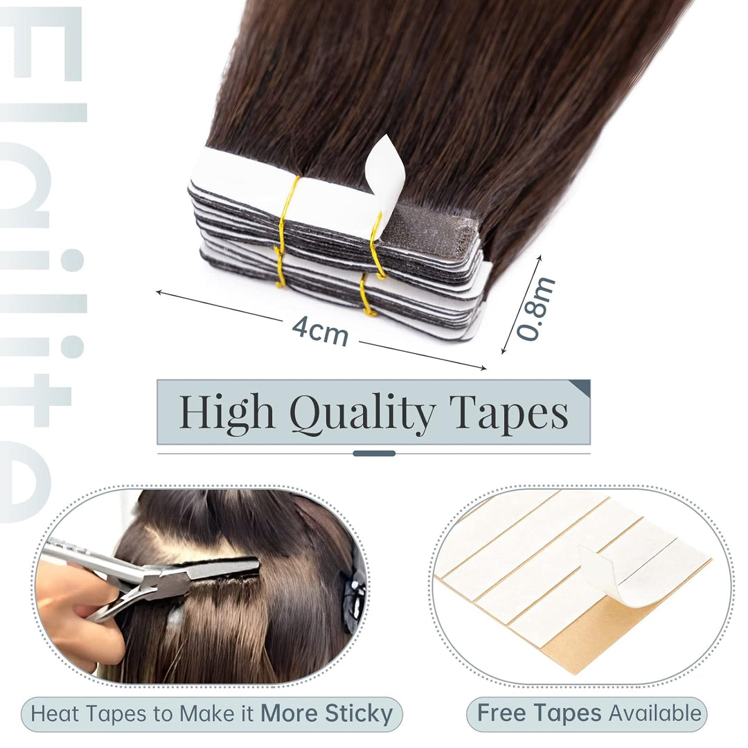 Elailite Echthaar Extensions Tape in 40g #4T27 Mittel braun Ombre Dunkelblond, 20 Stück/Packung Real