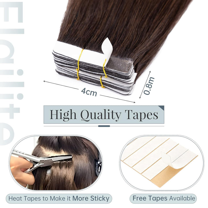 Elailite Echthaar Extensions Tape in 40g #4T27 Mittel braun Ombre Dunkelblond, 20 Stück/Packung Real
