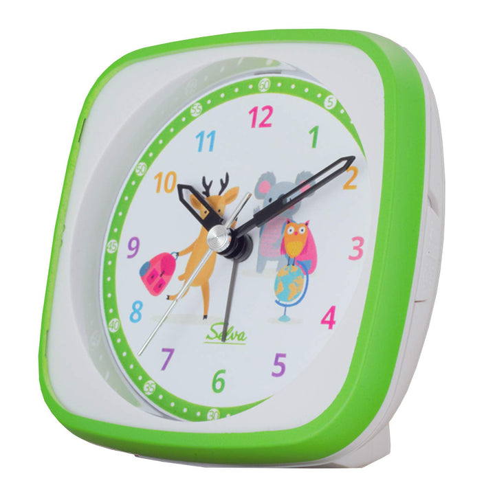 SELVA Quarzwecker für die Einschulung mit REH, Koala und Eule Motiv grün/weiss. Schleichende Sekunde