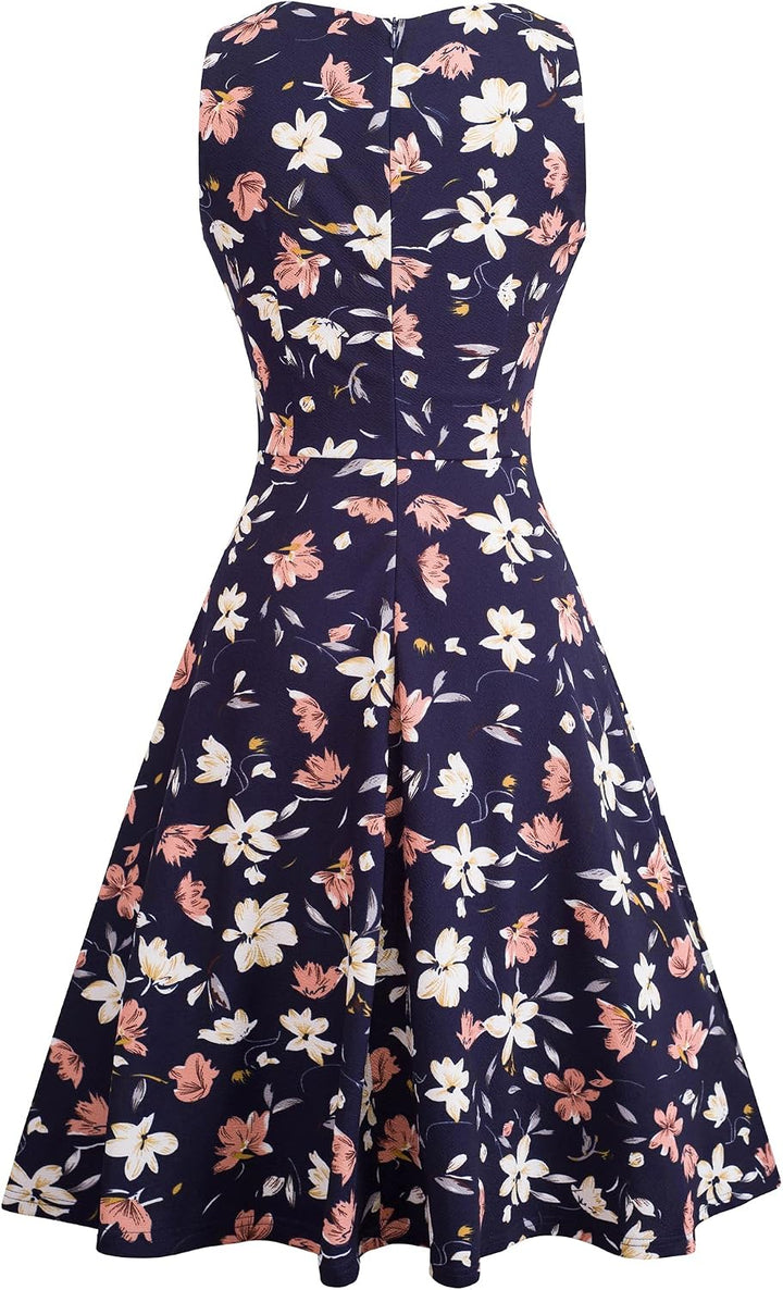 HOMEYEE Damen Vintage Rundhalsausschnitt Blumen Bestickt Knielang Elegant Cocktailkleid UKA079 M Dun