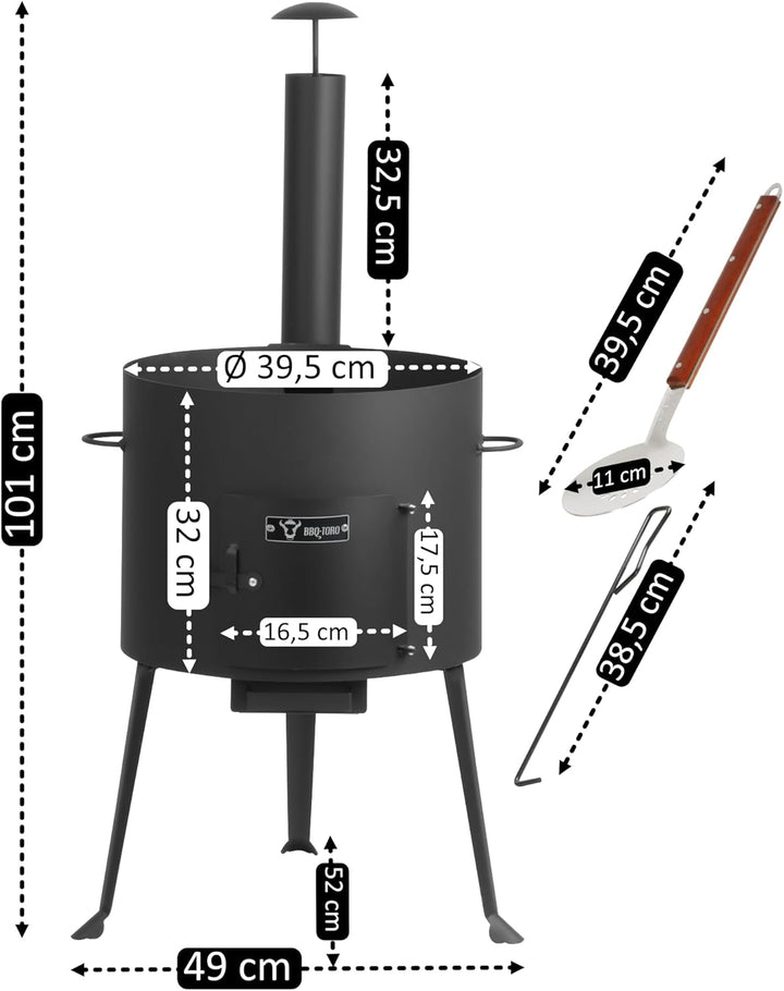 BBQ-Toro Kazan Ofen Ø 39,5 cm | Gulaschkessel mit Schaumlöffel und Schürhaken | Outdoor Ofen mit Roh