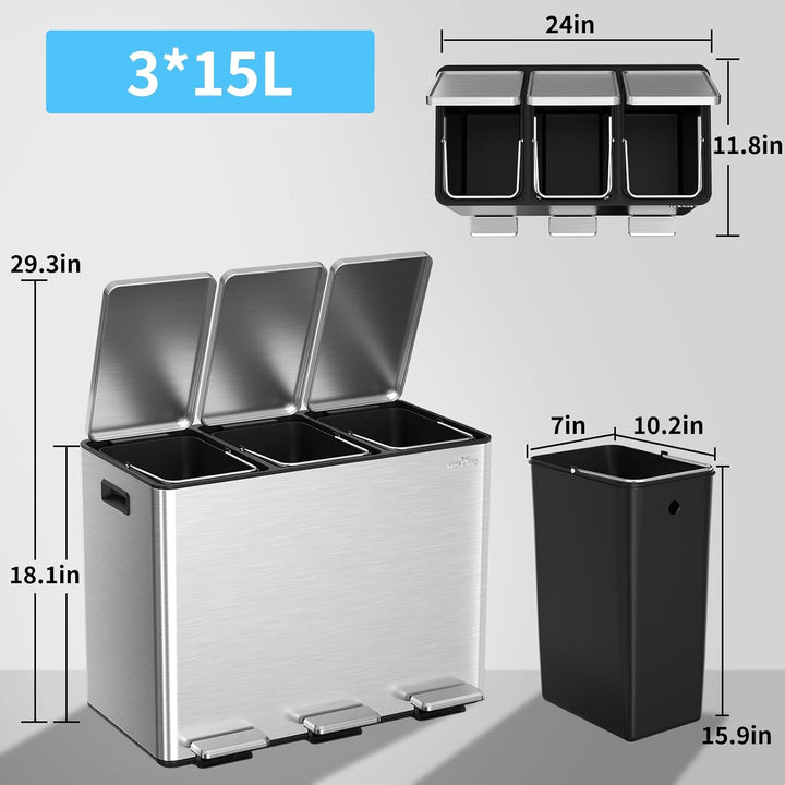mVm Mülleimer Küche,45 Liter Treteimer,3 x 15 Liter Treteimer, 3 Fächer, Mülltrennsystem, Abfalleime