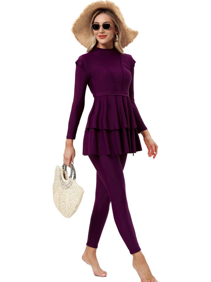 seafanny Damen Modest Badeanzug Langarm Burkini Full Cover Muslim Badeanzug 36 Wein Rot, 36 Wein Rot