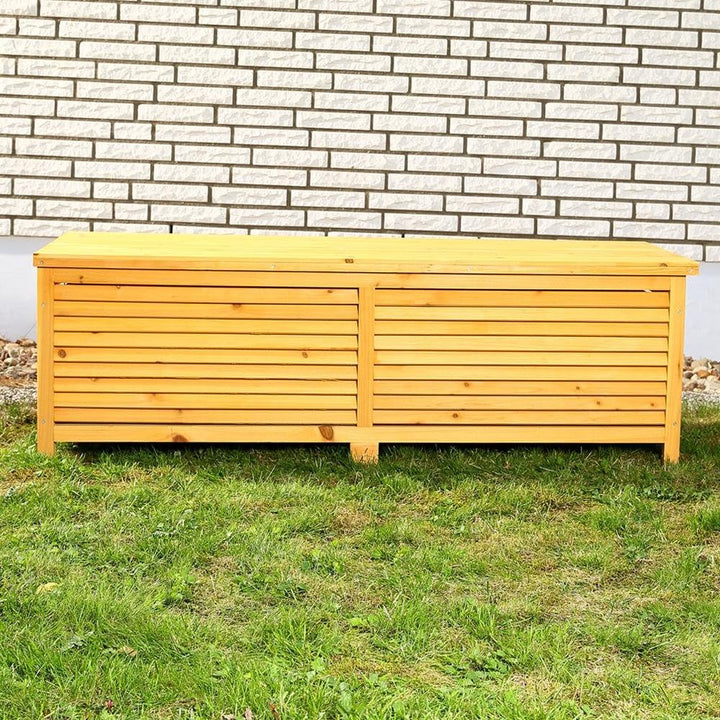 Melko Auflagenbox Kissenbox Gartenbox mit klappbarem Deckel, regenfest, aus Holz, 46 x 140 x 52 cm,