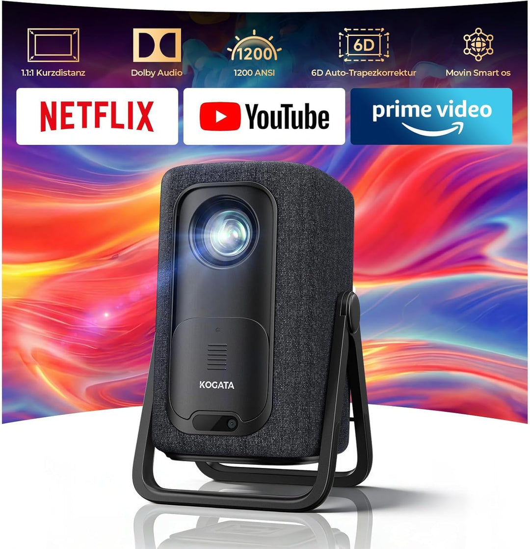 4K Smart Beamer | KOGATA Kurzdistanz 1.1:1, tragbar | Kompatibel mit Netflix-App | Dolby Audio &amp; DTS