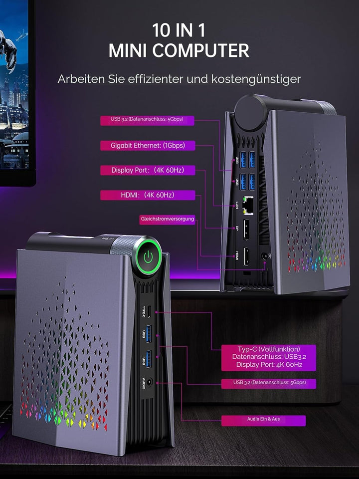 S3A Mini PC 32GB DDR5 4800MHz 1TB NVME PCIe3.0 SSD, AMD Ryzen 9 6900HX (bis zu 4,9 GHz) Radeon 680M,