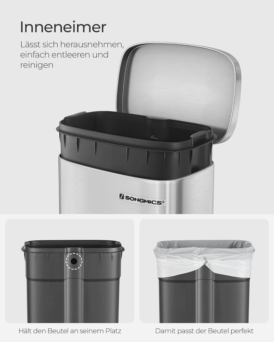 SONGMICS Mülleimer Küche, 30 Liter, Abfalleimer, Treteimer, mit Deckel, Softclose, Fusspedal, Stahl,