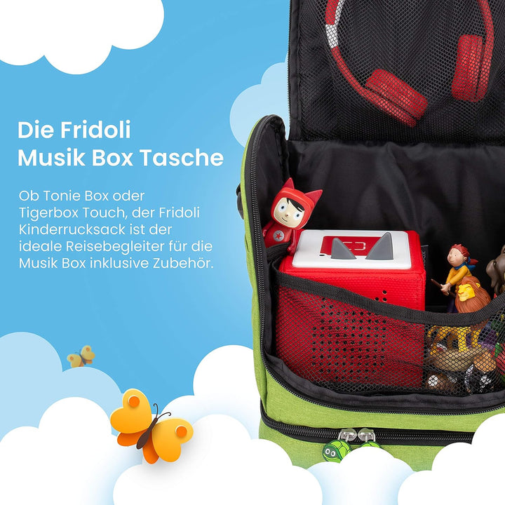 fridoli Kinderrucksack | Toniebox Tasche | grün | Akku Aufladen in der Tasche | fasst 20 Toniefigure