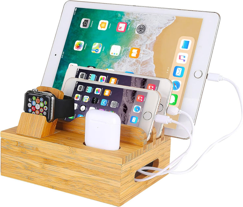 Bambus Holz Handy Ladestation Kompatibel iPhone 12 11 Pro Max XS XR X 8 7 6 6S Plus iPad 3 4 Mini Ai