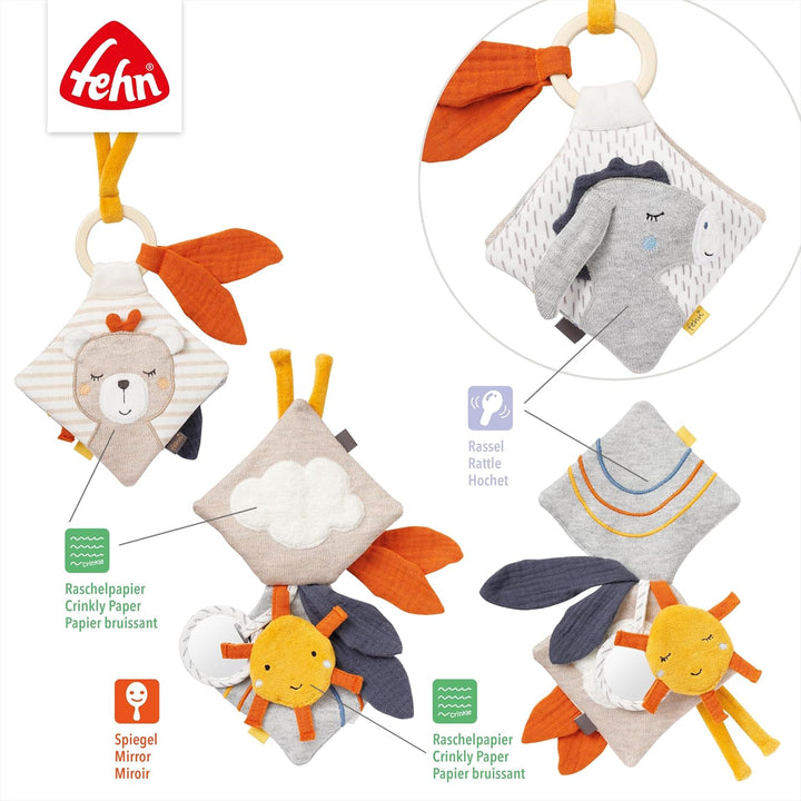 Fehn Fühlbuch Esel & Teddy - Buggybuch mit Bio Baumwolle - Babyspielzeug Buch mit Rassel, Raschelpap