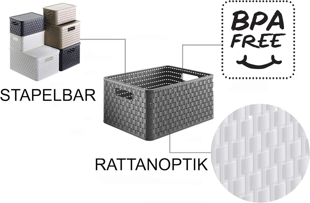 Rotho Country 3er-Set Aufbewahrungsbox 18l in Rattan-Optik, Kunststoff (PP) BPA-frei, anthrazit, 3 x