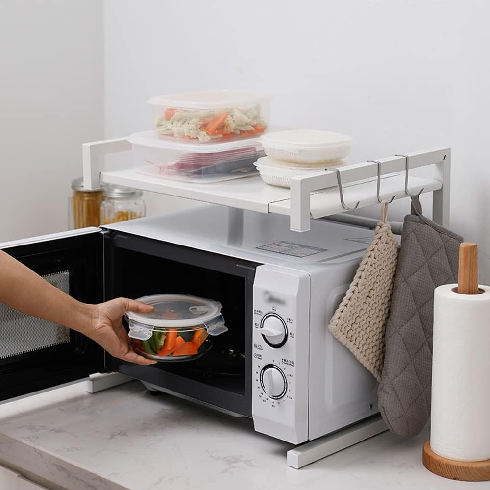 Teleskop-Küchenorganizer aus Edelstahl, Küchenregal mit 3 Haken, Verstellbereich 40-65cm (Weiss), We