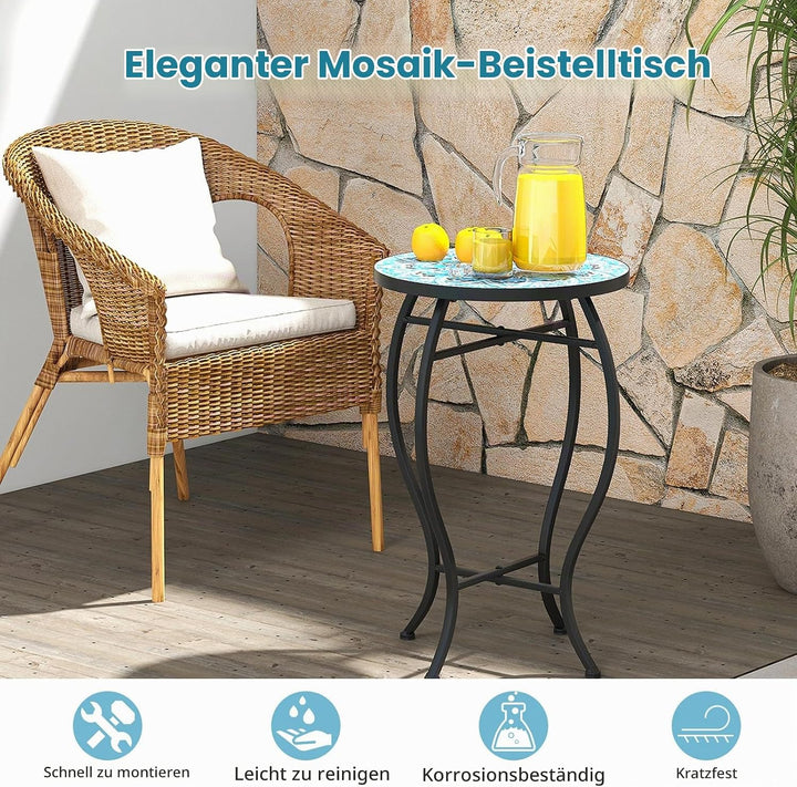 HOMASIS 30x30x50cm Gartentisch Beistelltisch mit Mosaik-Muster, Pflanzenständer mit runder Tischplat