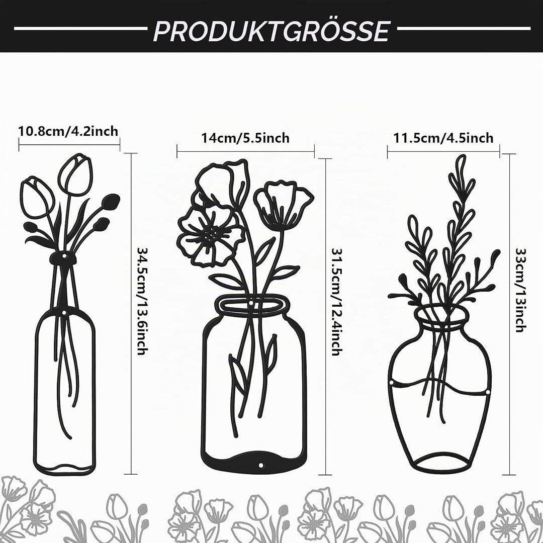 3 Stück Metall Blume Wanddekor Minimalistische Vase Wandkunst Schwarze Tulpe Draht Eisen Dekor Blume