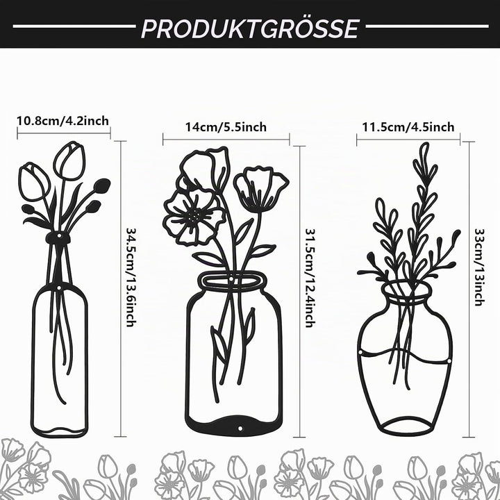 3 Stück Metall Blume Wanddekor Minimalistische Vase Wandkunst Schwarze Tulpe Draht Eisen Dekor Blume