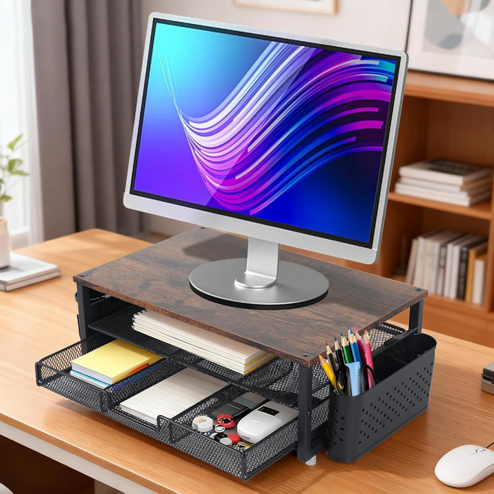 Monitorständer mit Schublade und 2 Stifthaltern, Schreibtisch-Organizer 40 × 25.5 × 15.5 cm Bildschi
