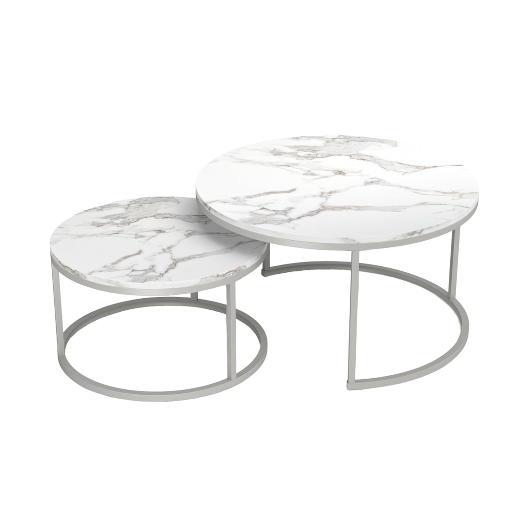 Couchtisch Marmor Optik, Runder Wohnzimmertisch, Weiss Couchtisch Silber, Satztische fürs Wohnzimmer