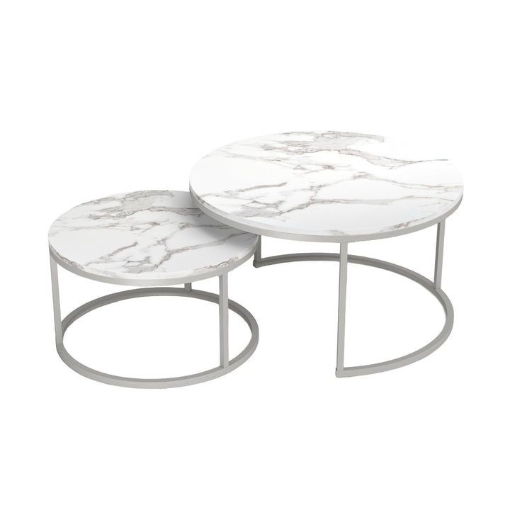 Couchtisch Marmor Optik, Runder Wohnzimmertisch, Weiss Couchtisch Silber, Satztische fürs Wohnzimmer