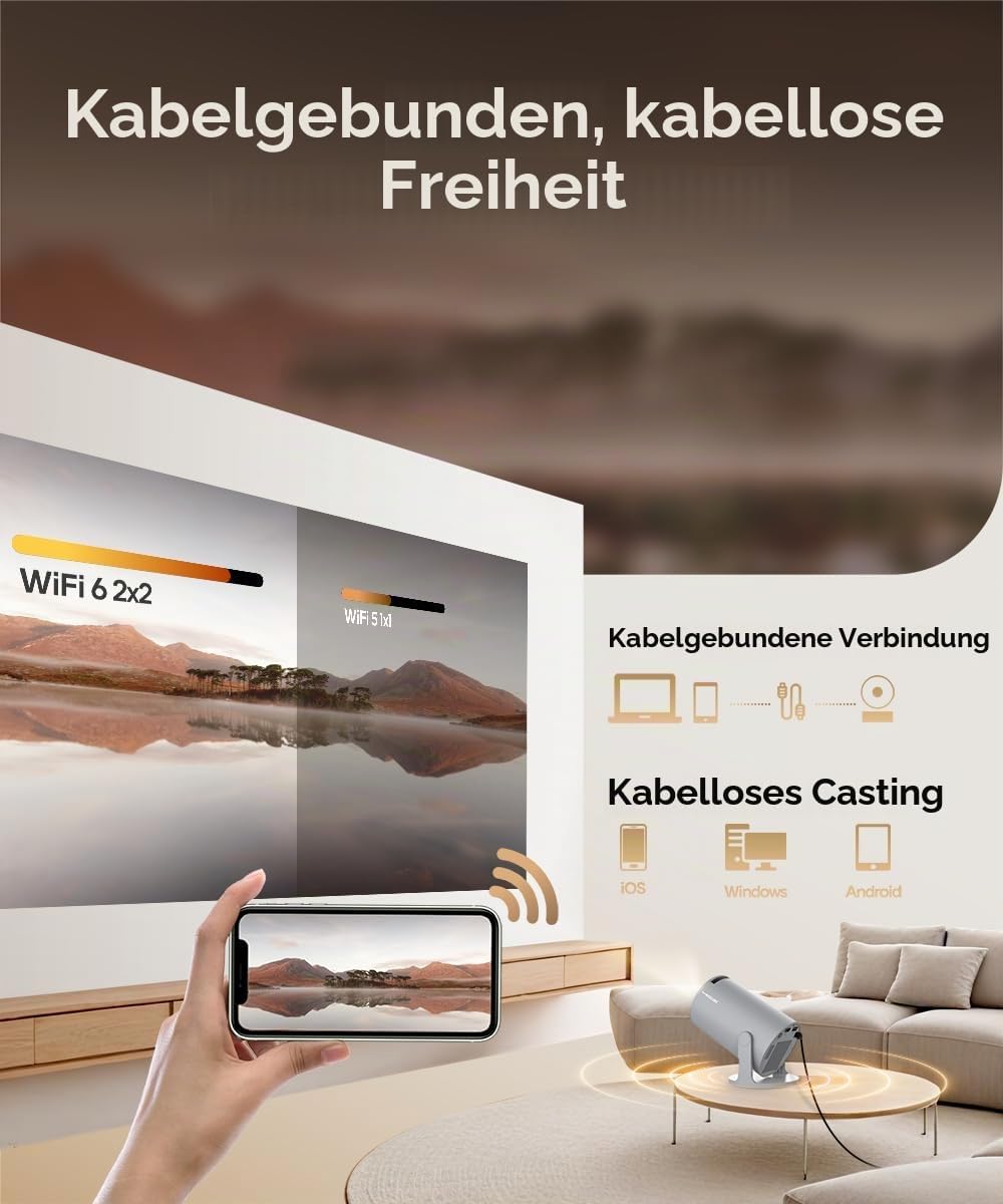 Automatische Trapezkorrektur Mini Tragbarer Beamer, 4K/ 200 ANSI Smart Projektor mit WiFi6, BT 5.0,