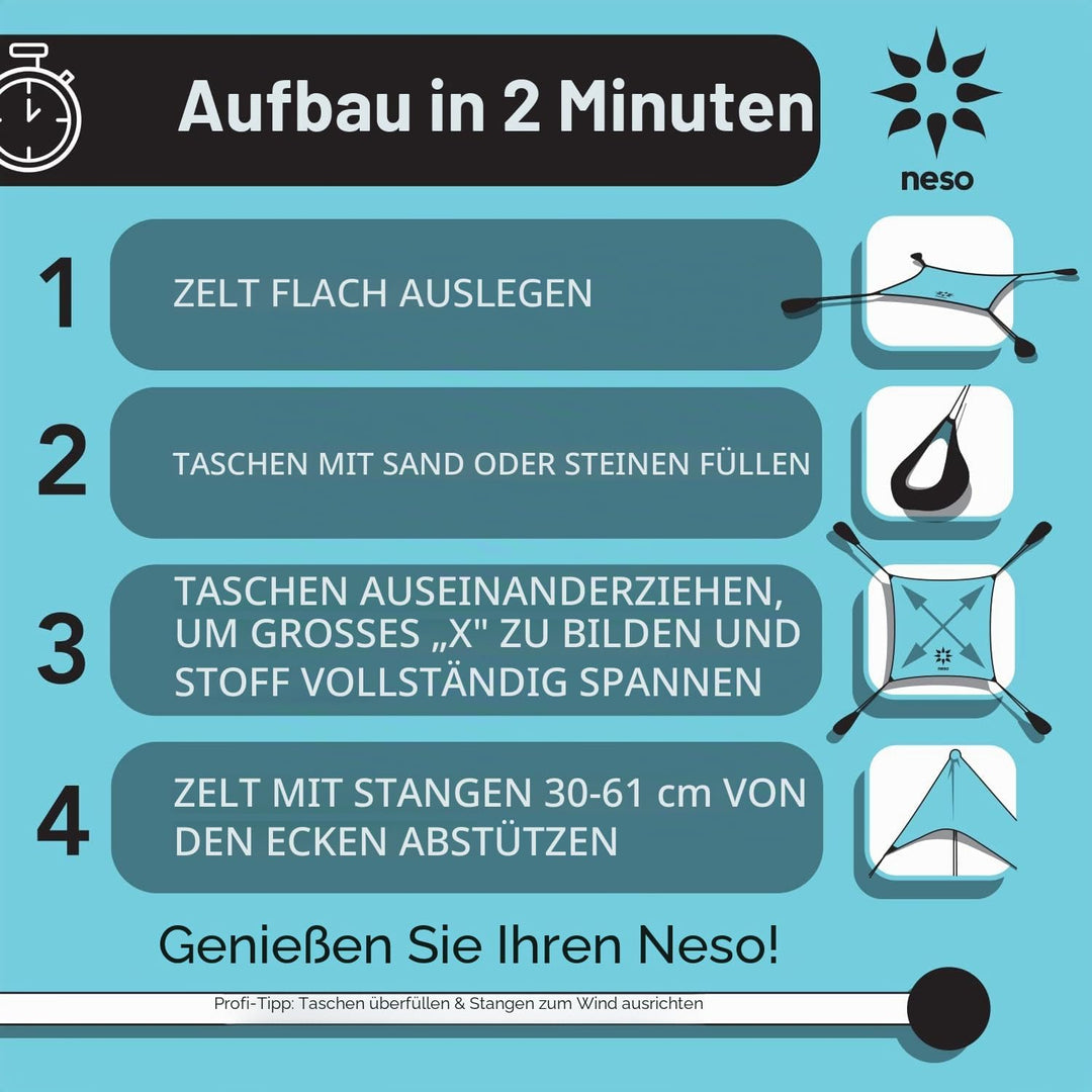 Neso Strandzelt mit Sandanker, tragbares Sonnendach - 2,1m x 2,1m – Patentierte mit verstärkten Ecke
