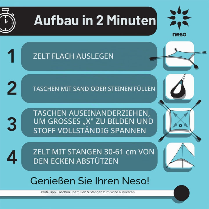 Neso Strandzelt mit Sandanker, tragbares Sonnendach - 2,1m x 2,1m – Patentierte mit verstärkten Ecke