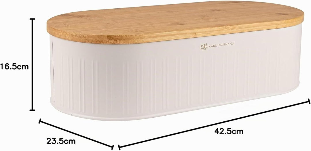 KARL HAUSMANN Brotkasten Weiss Metall mit Bambus Deckel - Hält Brot länger frisch | Grosse Brotbox z