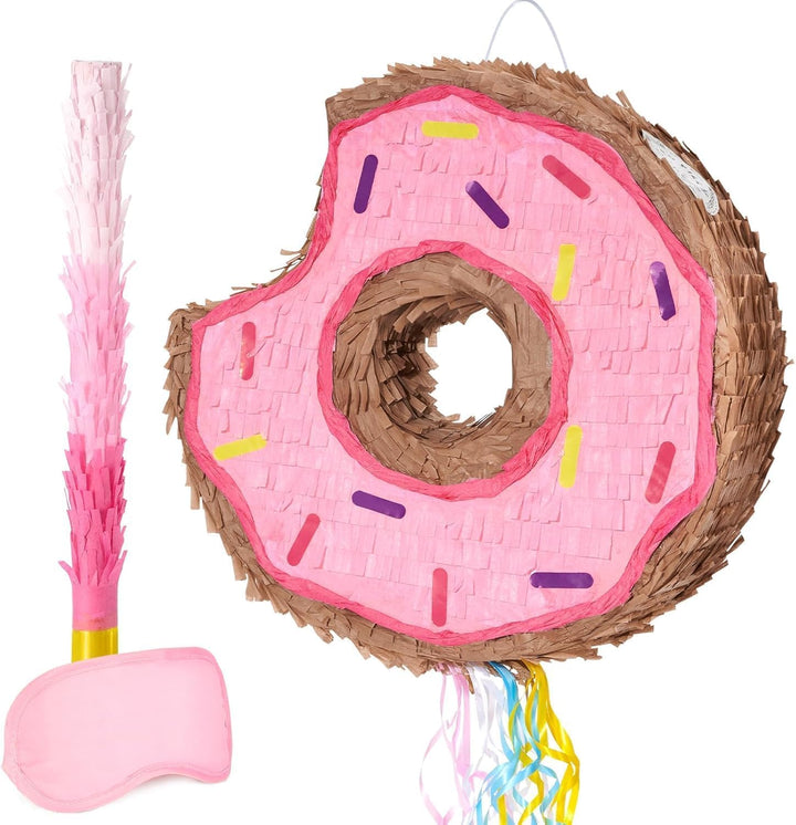 WERNNSAI Donut Pinata – Geburtstag Deko Piñata Mädchen Kinder Rosa Donut Piñata mit Stock Augenbinde