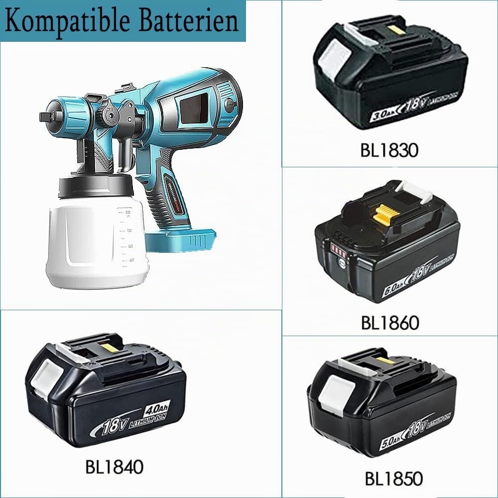 Akku-Farbsprühsystem für Makita 18V Akku, 1000ml Behälter Farbsprühgerät, mit 3 Düsen und 3 Spritzmu