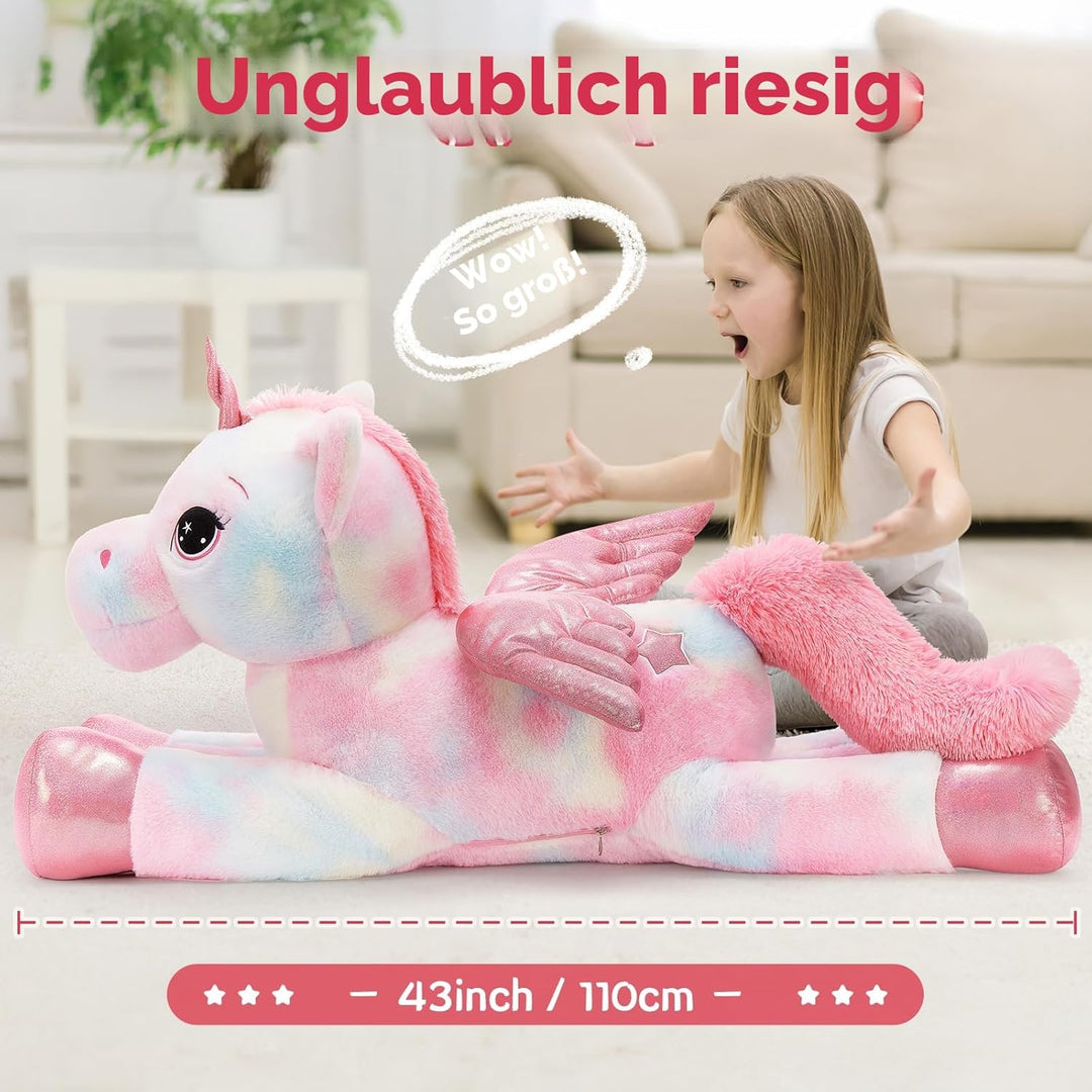 MorisMos Einhorn Kuscheltier gross XXL mit flügel, 110cm riesen Einhorn Stofftier Plüschtier, Gesche
