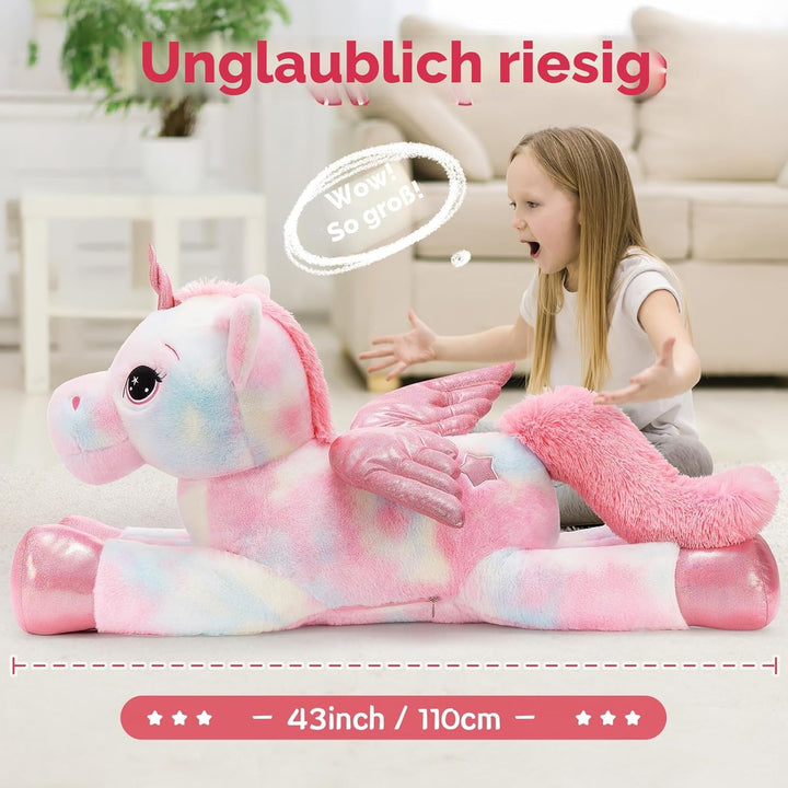 MorisMos Einhorn Kuscheltier gross XXL mit flügel, 110cm riesen Einhorn Stofftier Plüschtier, Gesche