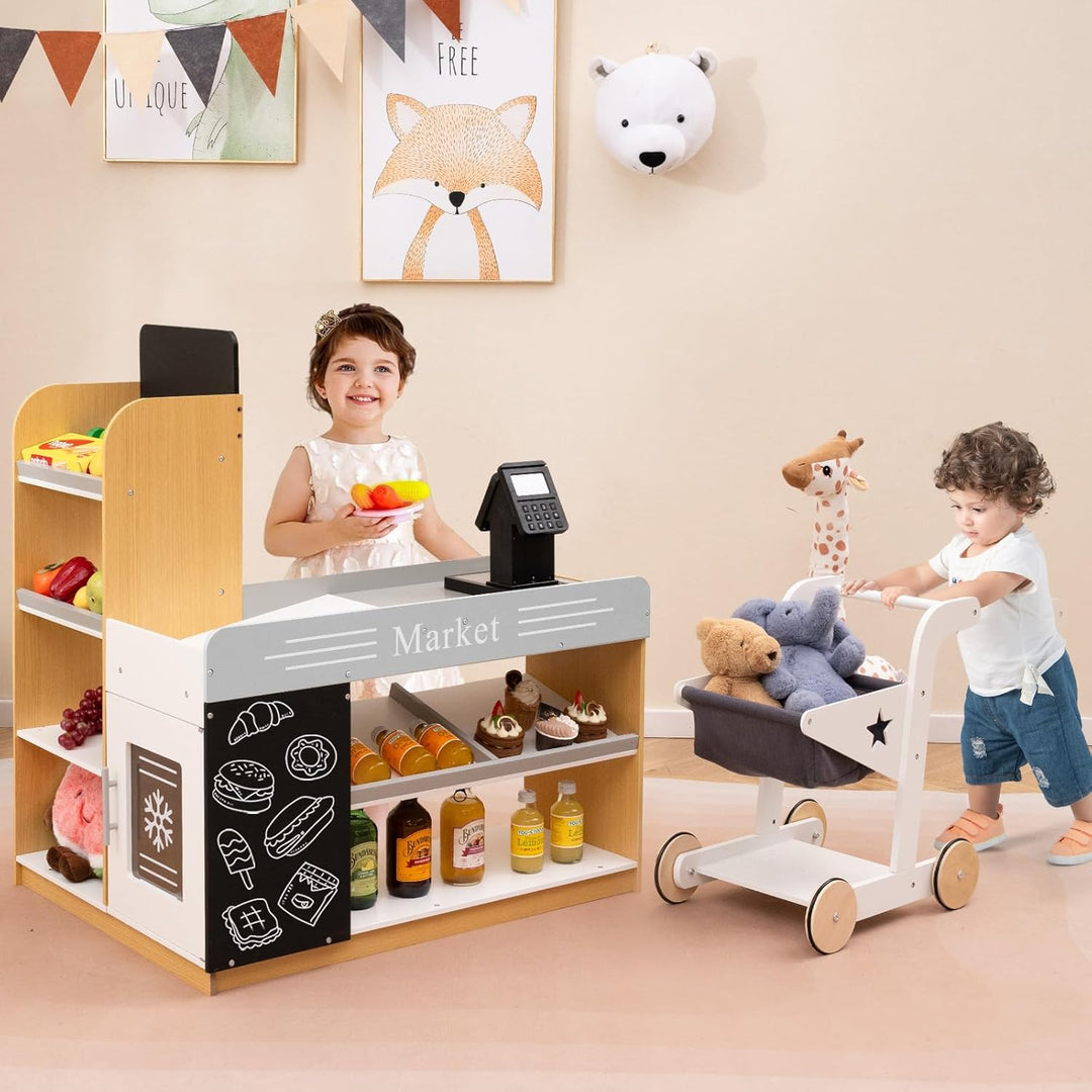 COSTWAY Kaufmannsladen, Kaufladen Kinder mit Einkaufswagen, Supermarkt Holz mit Kasse & 2 Tafeln, Ei