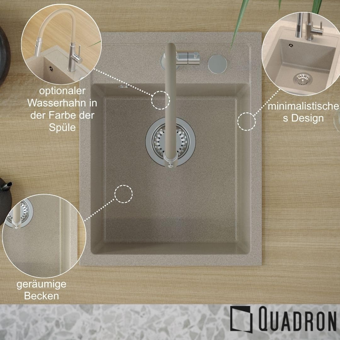 QUADRON | JOHNNY 90 | Granitspüle | 1-Kammer-Spüle | Masse: 50 x 39 mit 20,4 cm | Schrankunterbau au