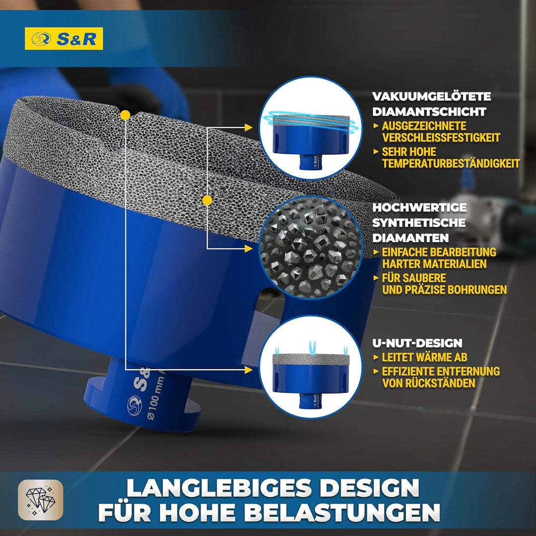 S&R Professional Diamant Fliesenbohrer 100 mm, Lochsäge für Fliesen M14 Gewinde, Diamant Bohrer Flie