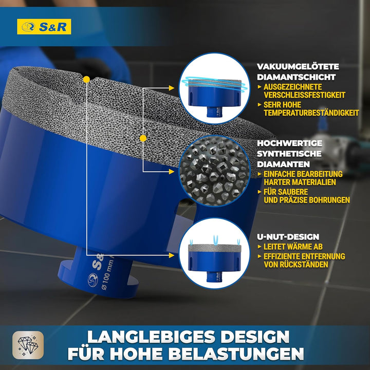 S&R Professional Diamant Fliesenbohrer 100 mm, Lochsäge für Fliesen M14 Gewinde, Diamant Bohrer Flie