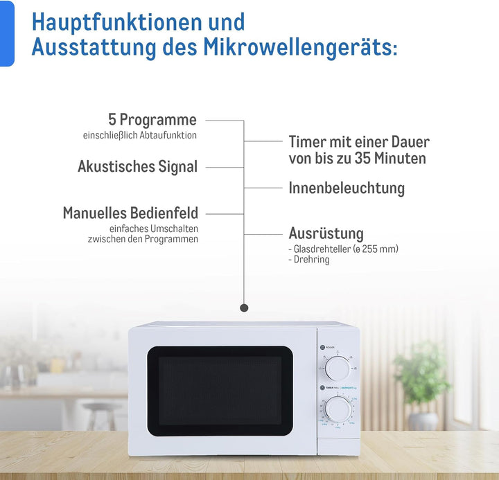 aro Mikrowelle MW10720, Stahl-SPCC, 43.9 x 33.4 x 25.8 cm, 20 L, 700 W, 5 Programme, Timerfunktion,