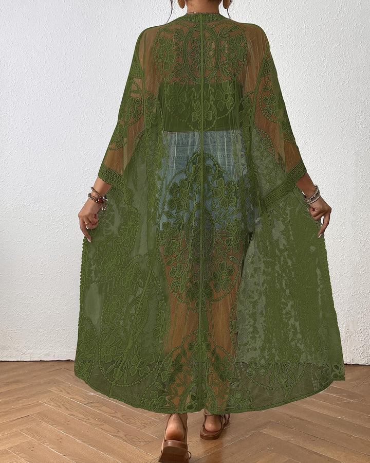 Bsubseach Damen Sexy Lace Crochet Open Front Badeanzug Strand Lange Kimono Cover Ups D-armee Grün, D