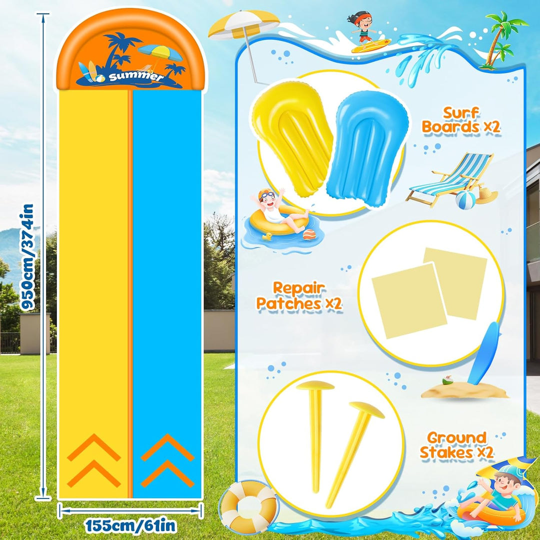 JONRRYIN 950cm Wasserrutsche, Extra Lange Doppel Garten Wasserrutsche mit 2 Aufblasbare Boards 1.55m