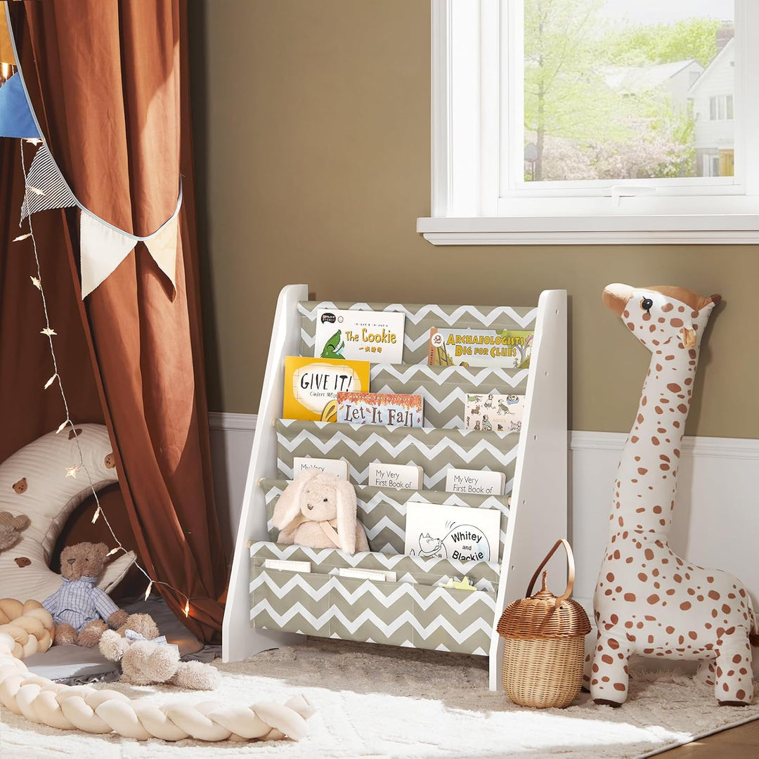 SoBuy Bücherregal Kinder Montessori Regal Kinderzimmer mit 4 Stofffächern Aufbewahrung Spielzeug & B